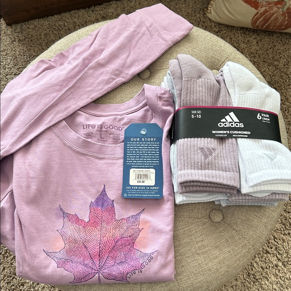 NWT Life is Good Women’s Long Sleeve Tee / 6 pk NWT Adidas Coord’ing Socks sz L